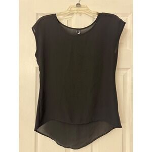 Love Haight Womens Black Sheer Chiffon High Low Cap Sleeve Blouse Top Small